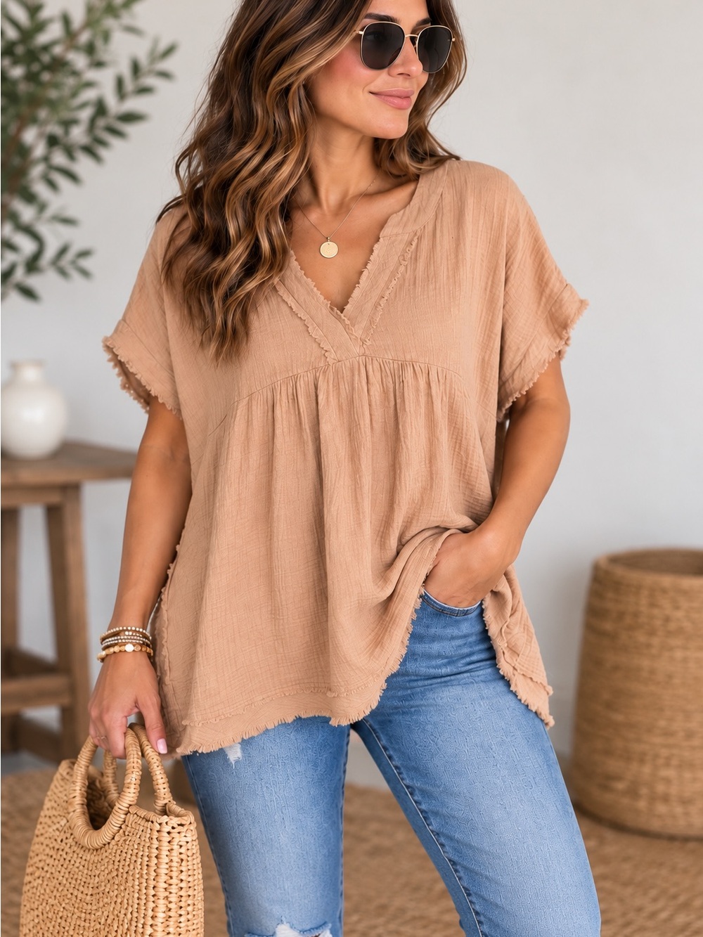 Zenana Outfitters Double Gauze V-Neck Raw Hem Top